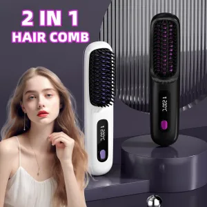 2-in-1 Wireless Hair Straightener & Curler Brush, USB Charging