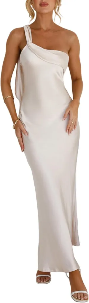 2025 Satin One Shoulder Maxi Dress for Women Summer Silk Formal Elegant Backless Ruffle Sleeveless Wedding Guest Dresses