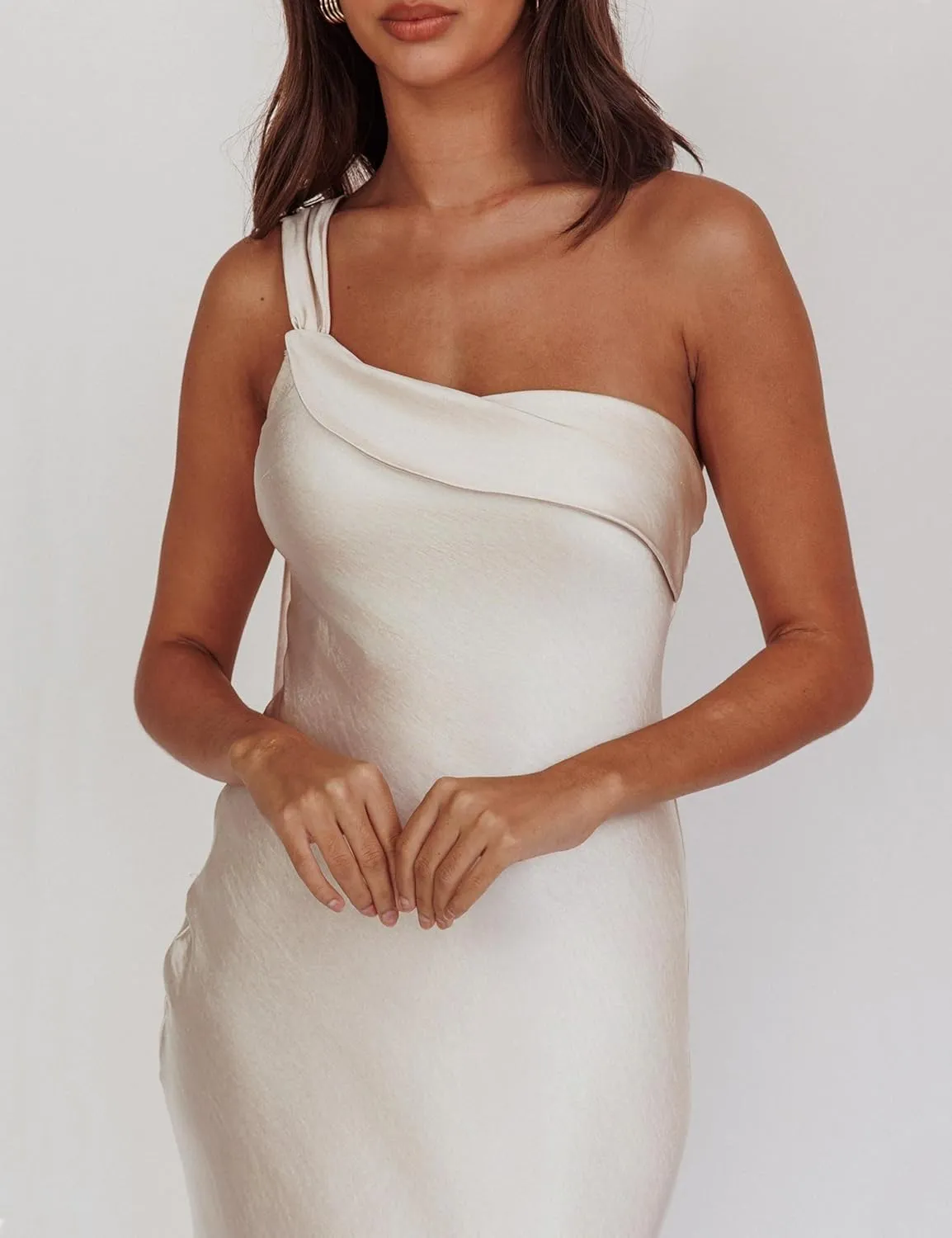 2025 Satin One Shoulder Maxi Dress for Women Summer Silk Formal Elegant Backless Ruffle Sleeveless Wedding Guest Dresses