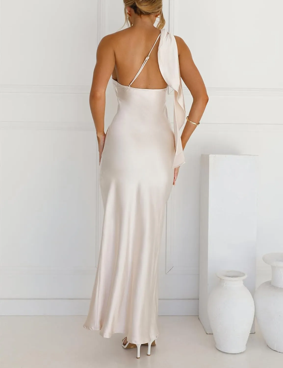 2025 Satin One Shoulder Maxi Dress for Women Summer Silk Formal Elegant Backless Ruffle Sleeveless Wedding Guest Dresses