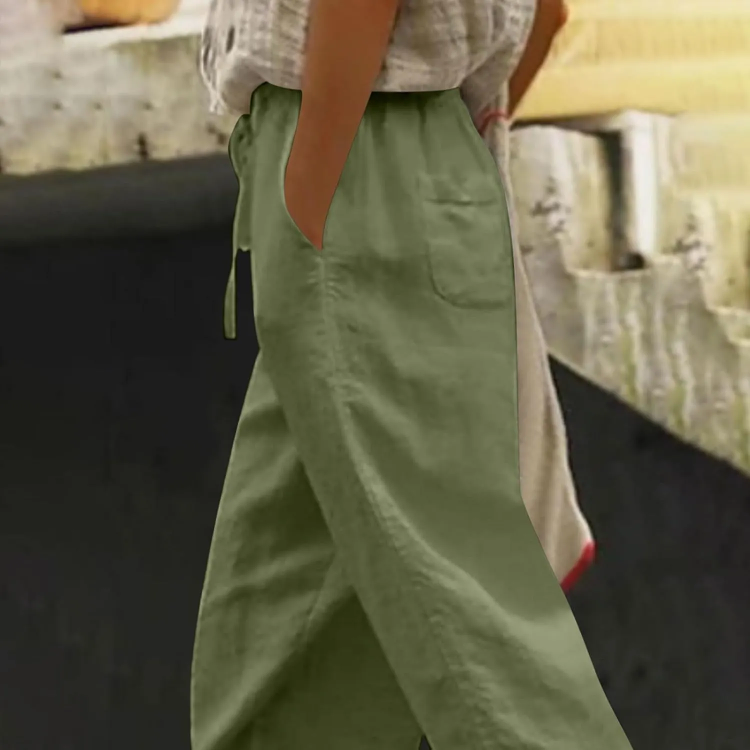 2025 Womens lace Capri Linen Pants, Casual Summer Drawstring Elastic High Waist Pant Straight Cropped Trouser