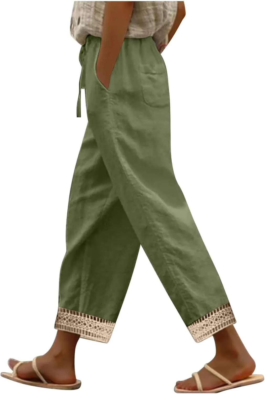 2025 Womens lace Capri Linen Pants, Casual Summer Drawstring Elastic High Waist Pant Straight Cropped Trouser