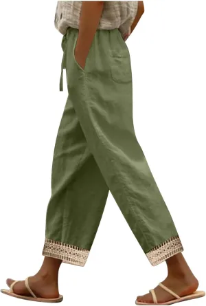 2025 Womens lace Capri Linen Pants, Casual Summer Drawstring Elastic High Waist Pant Straight Cropped Trouser