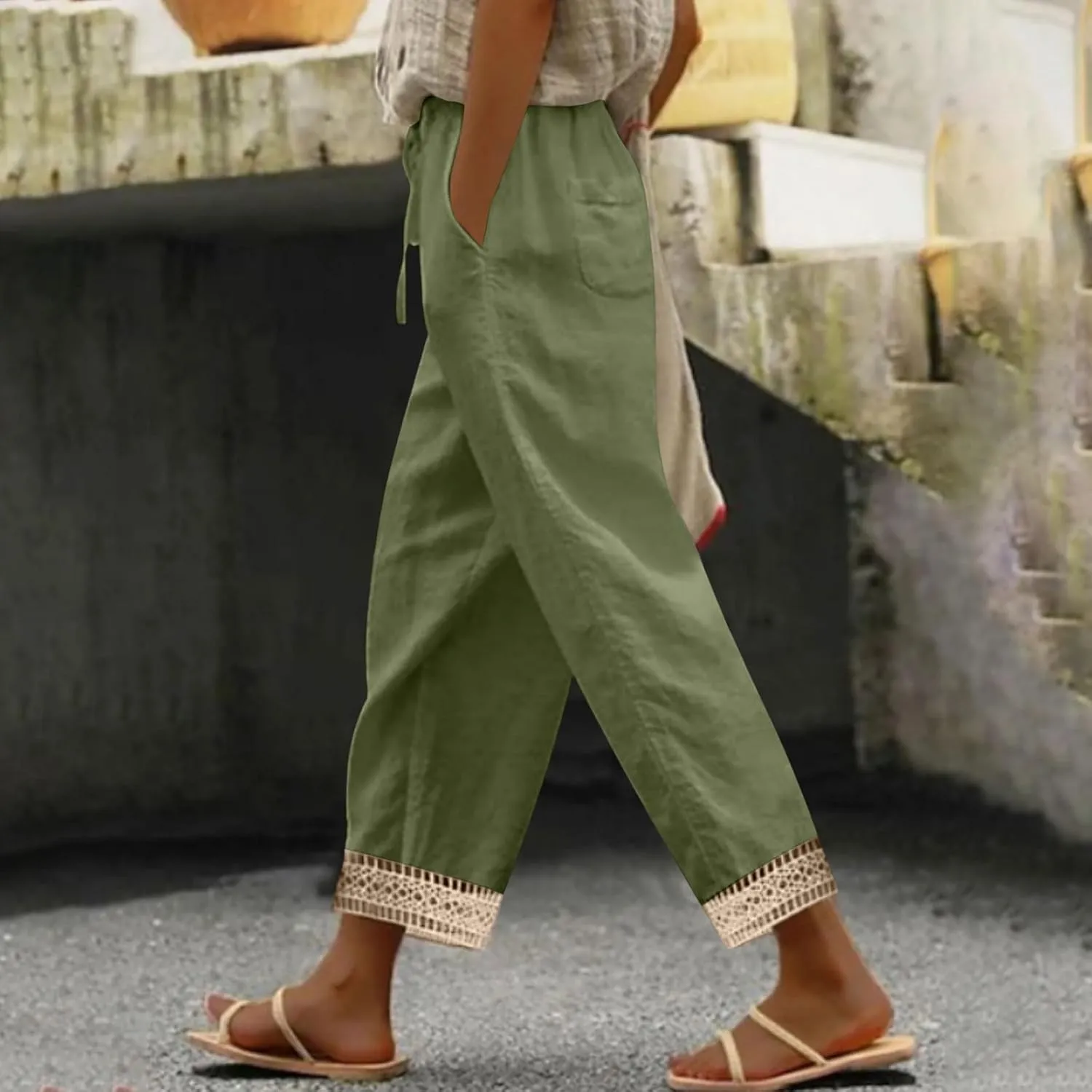 2025 Womens lace Capri Linen Pants, Casual Summer Drawstring Elastic High Waist Pant Straight Cropped Trouser