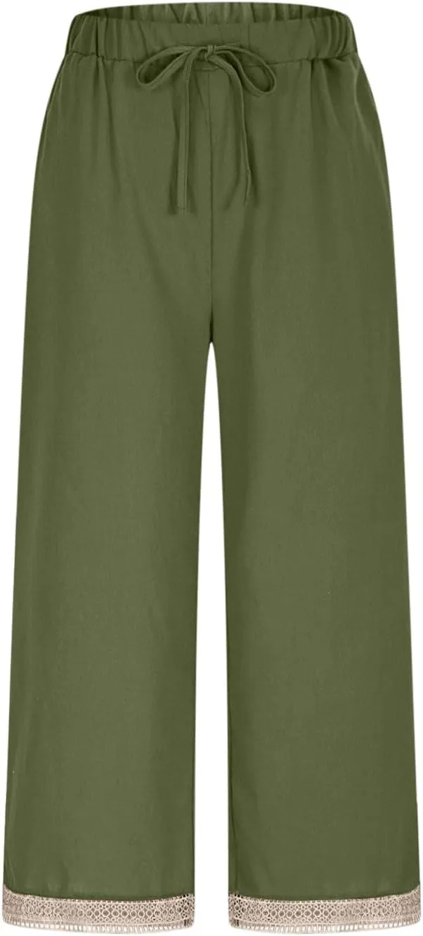 2025 Womens lace Capri Linen Pants, Casual Summer Drawstring Elastic High Waist Pant Straight Cropped Trouser