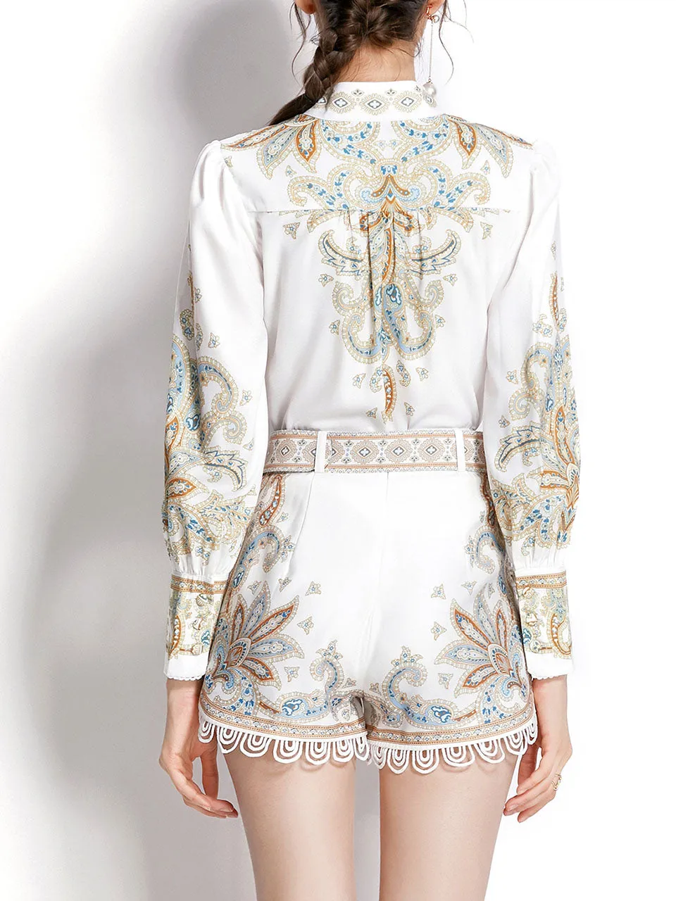 2PS White High Collar Floral Print Long Sleeved Shirt And Shorts Set