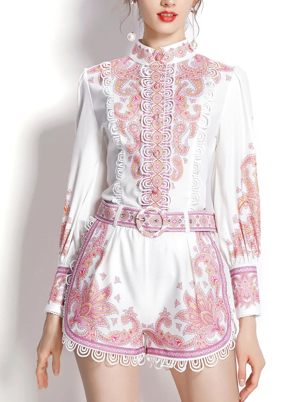2PS White High Collar Floral Print Long Sleeved Shirt And Shorts Set