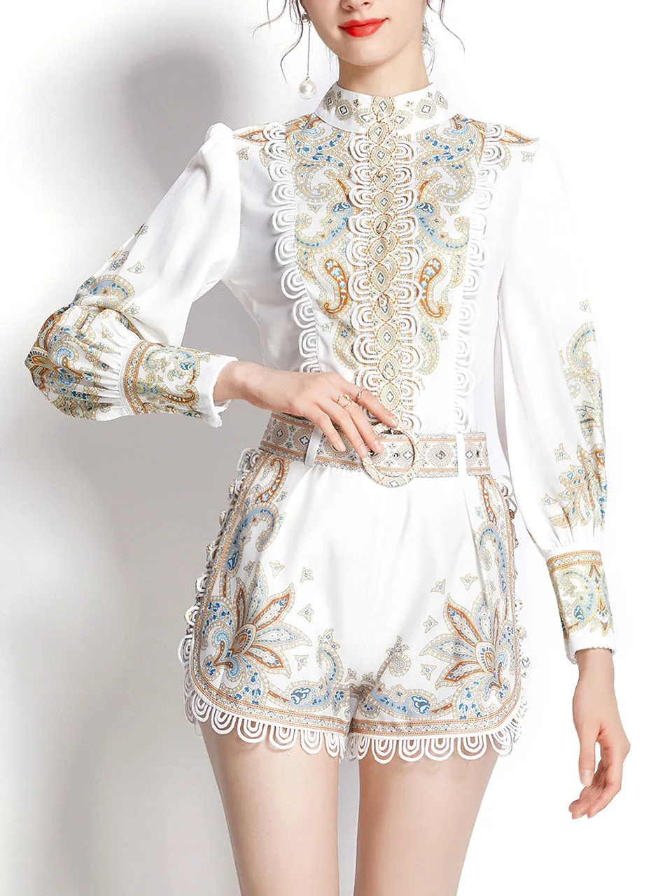 2PS White High Collar Floral Print Long Sleeved Shirt And Shorts Set