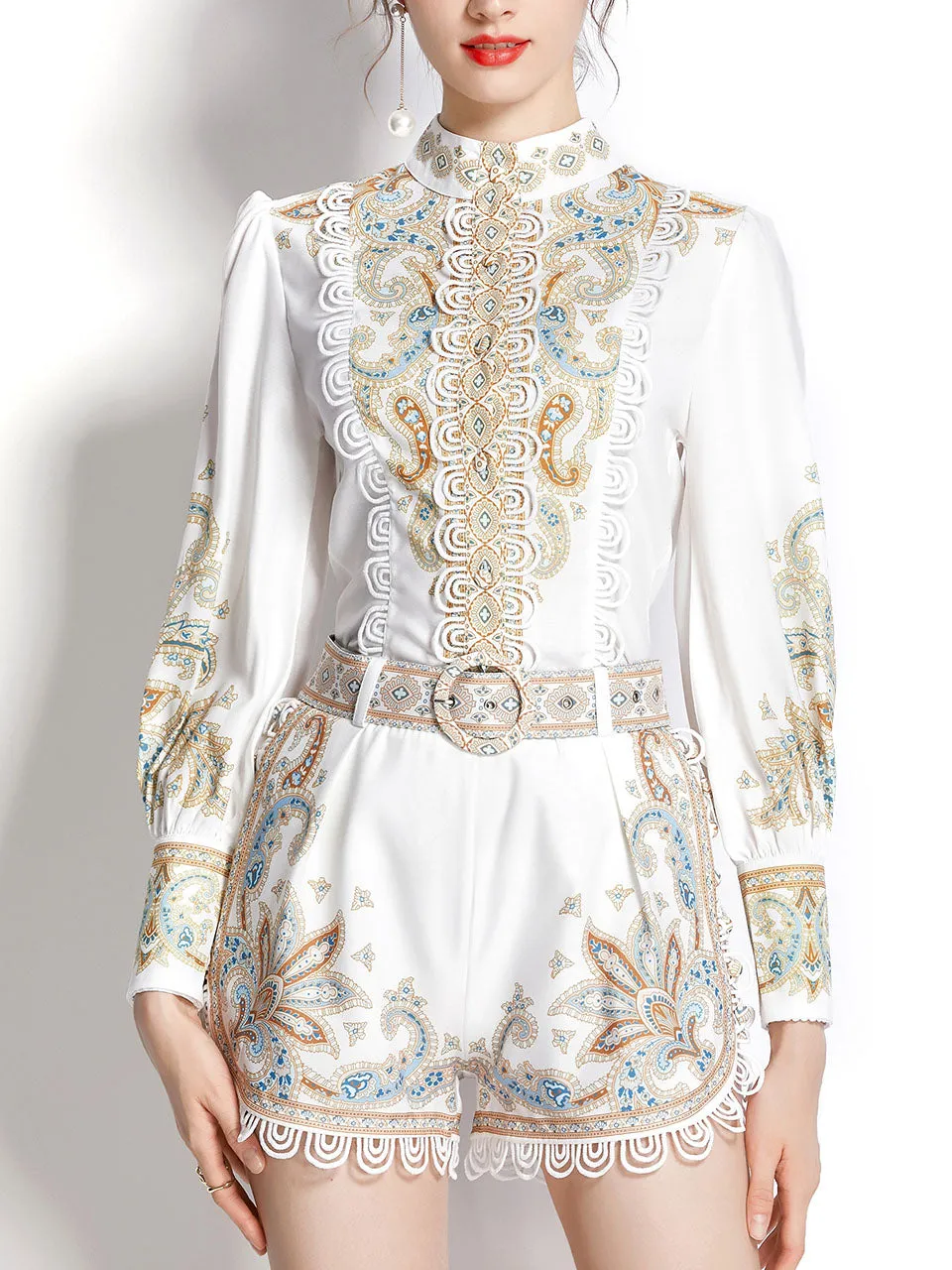 2PS White High Collar Floral Print Long Sleeved Shirt And Shorts Set