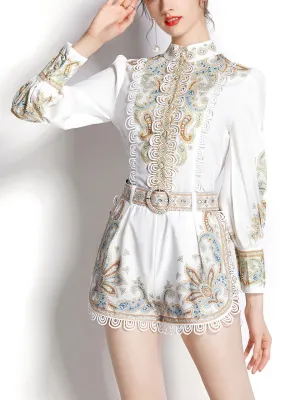 2PS White High Collar Floral Print Long Sleeved Shirt And Shorts Set