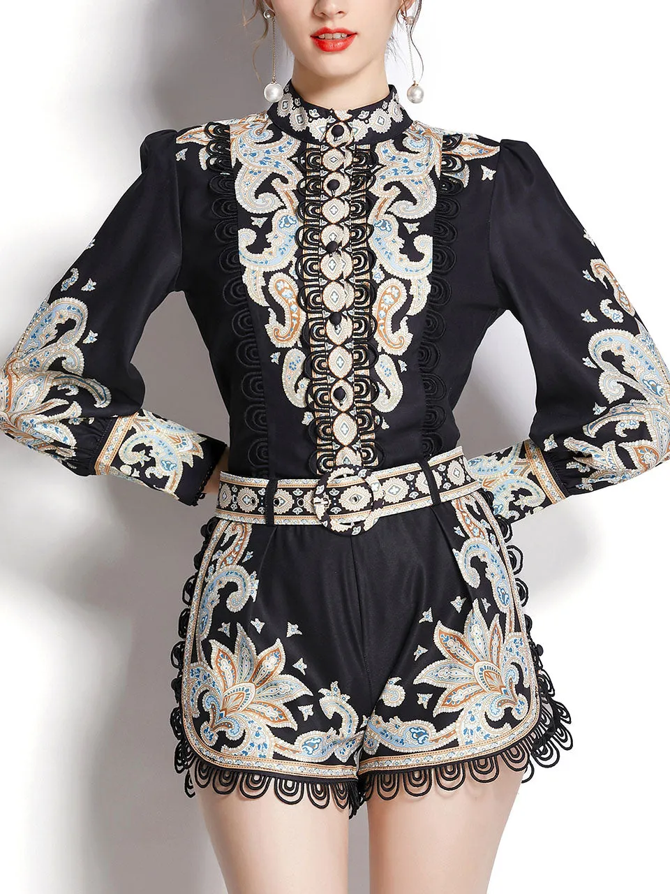 2PS White High Collar Floral Print Long Sleeved Shirt And Shorts Set