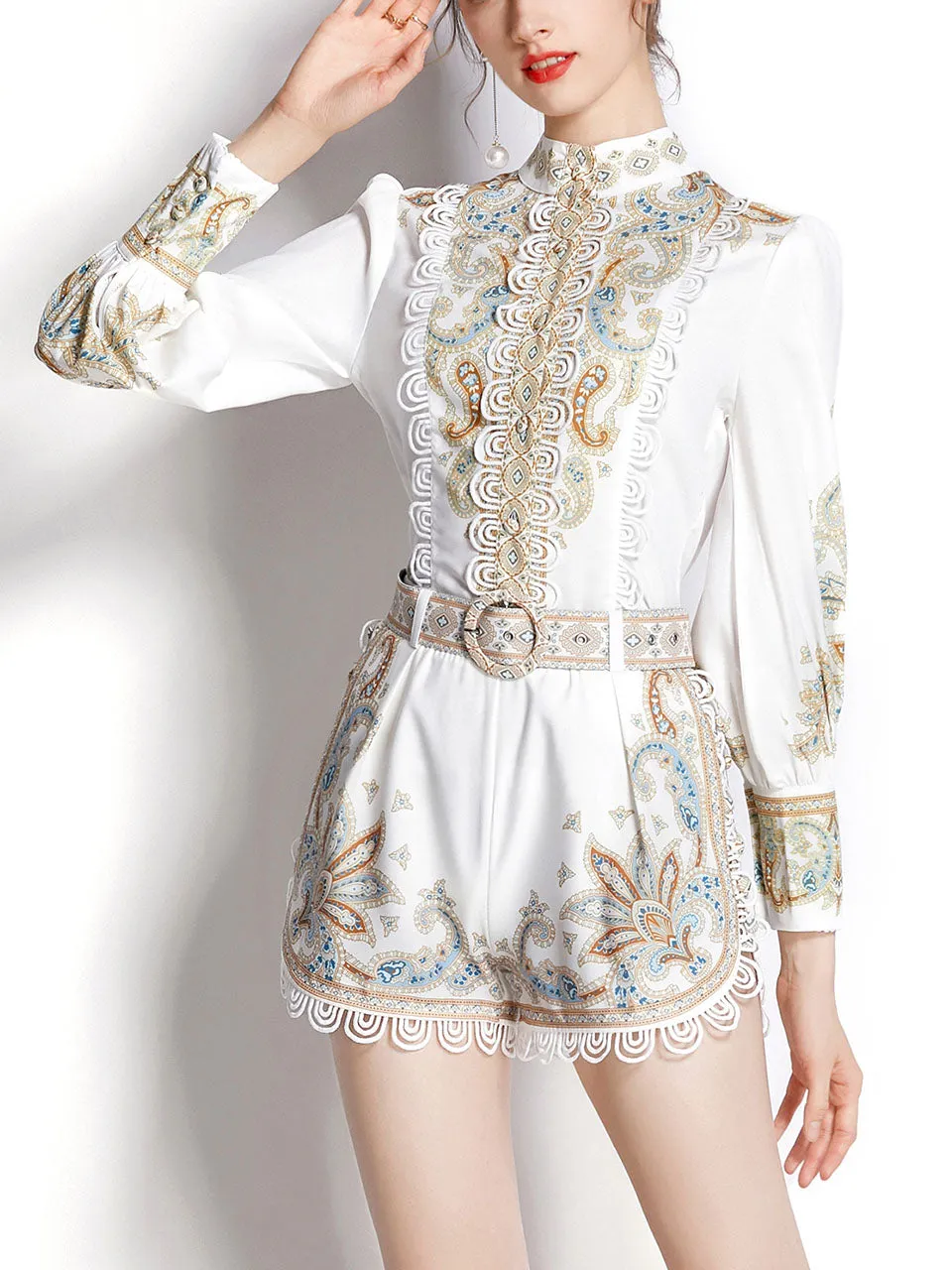 2PS White High Collar Floral Print Long Sleeved Shirt And Shorts Set