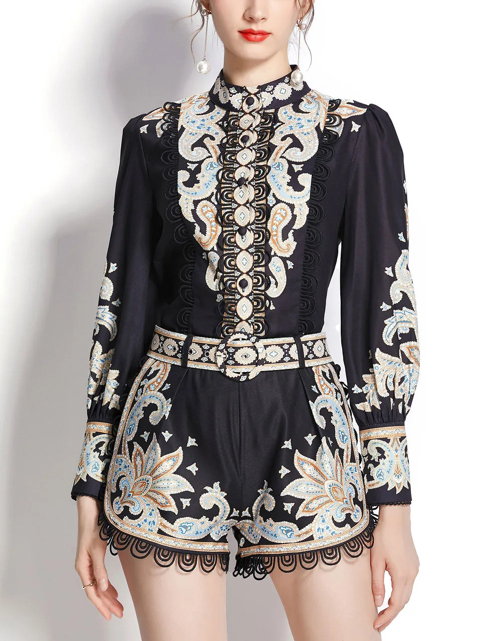 2PS White High Collar Floral Print Long Sleeved Shirt And Shorts Set
