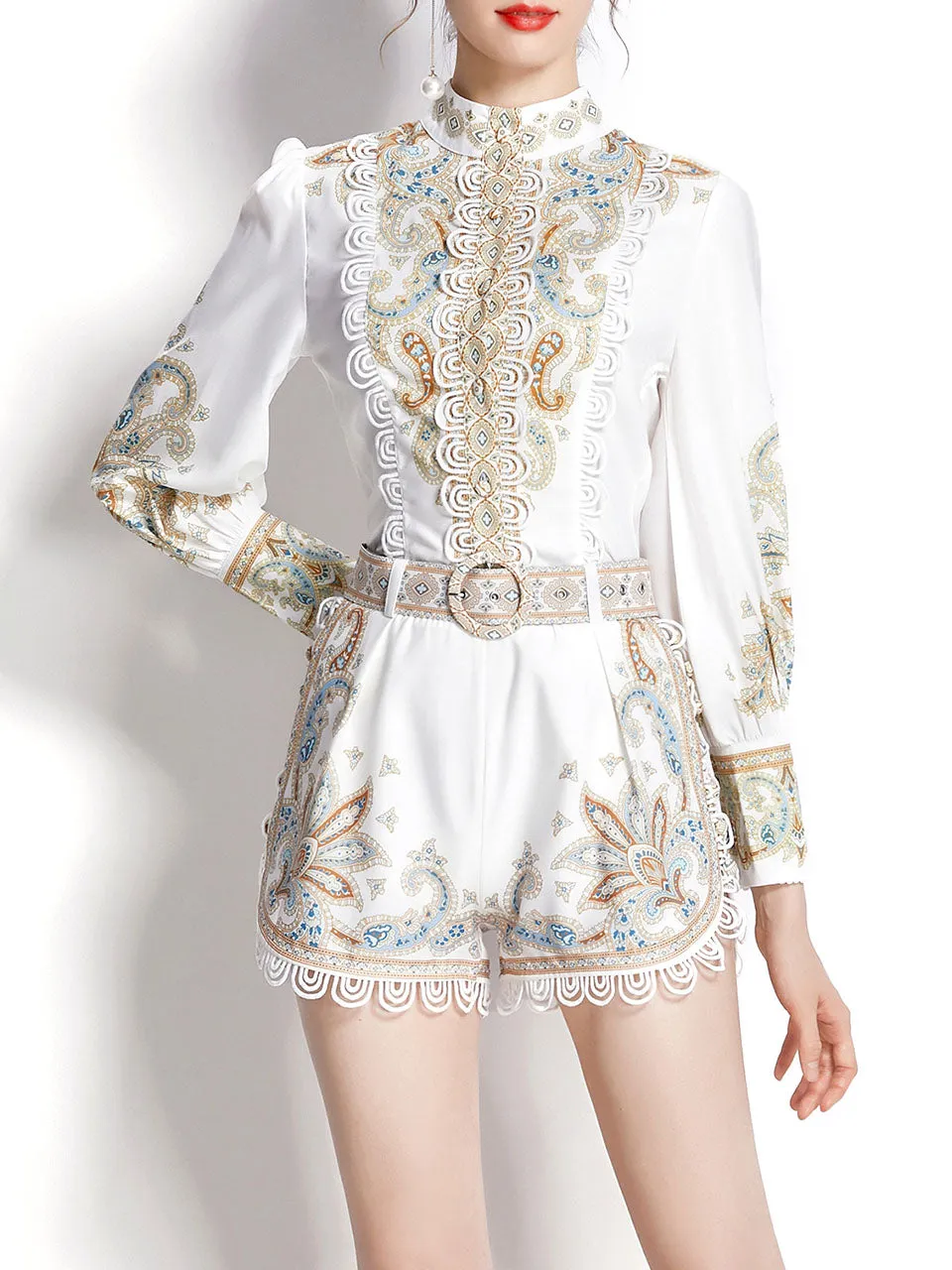2PS White High Collar Floral Print Long Sleeved Shirt And Shorts Set