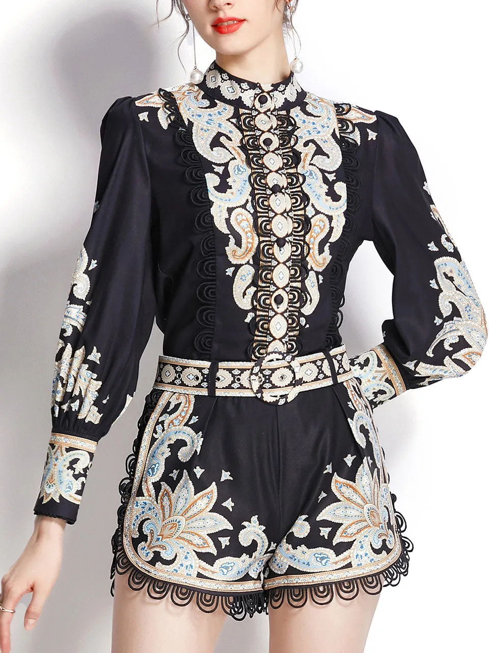 2PS White High Collar Floral Print Long Sleeved Shirt And Shorts Set
