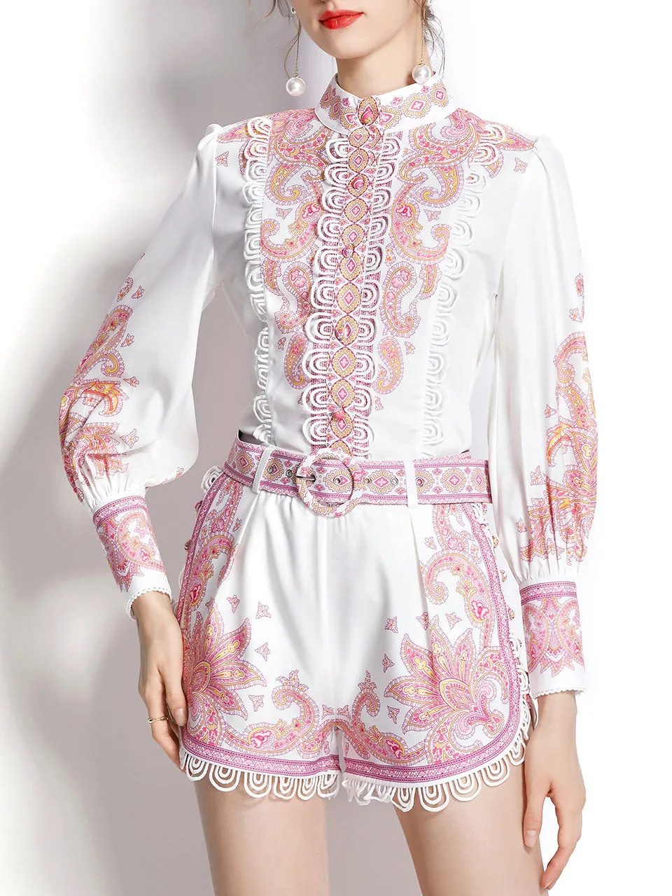 2PS White High Collar Floral Print Long Sleeved Shirt And Shorts Set