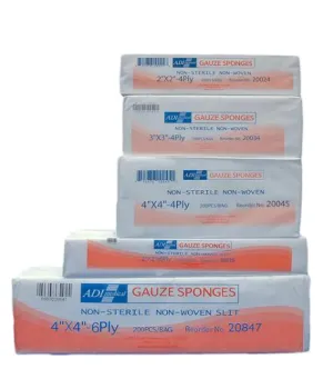 Adi Medical Non-Woven Gauze Sponge Gauze Sponge Nonwoven 2X2 6Plyslit Ns 200/Bx 25Bx/Cs