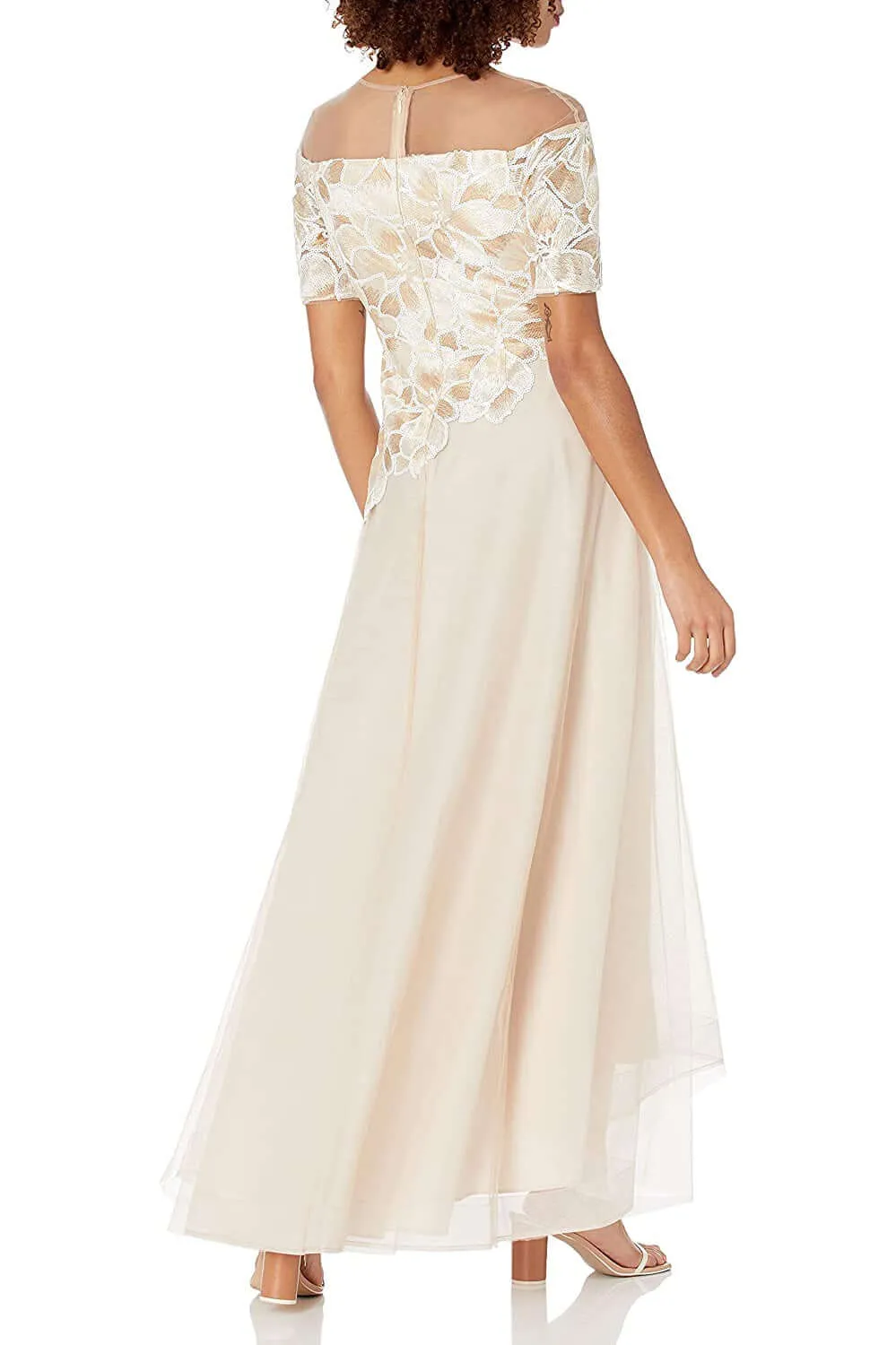 Adrianna Papell Crew Neck Illusion Short Sleeve Embroidered Sequined Zipper Back A-Line High Low Hem Mesh Dress