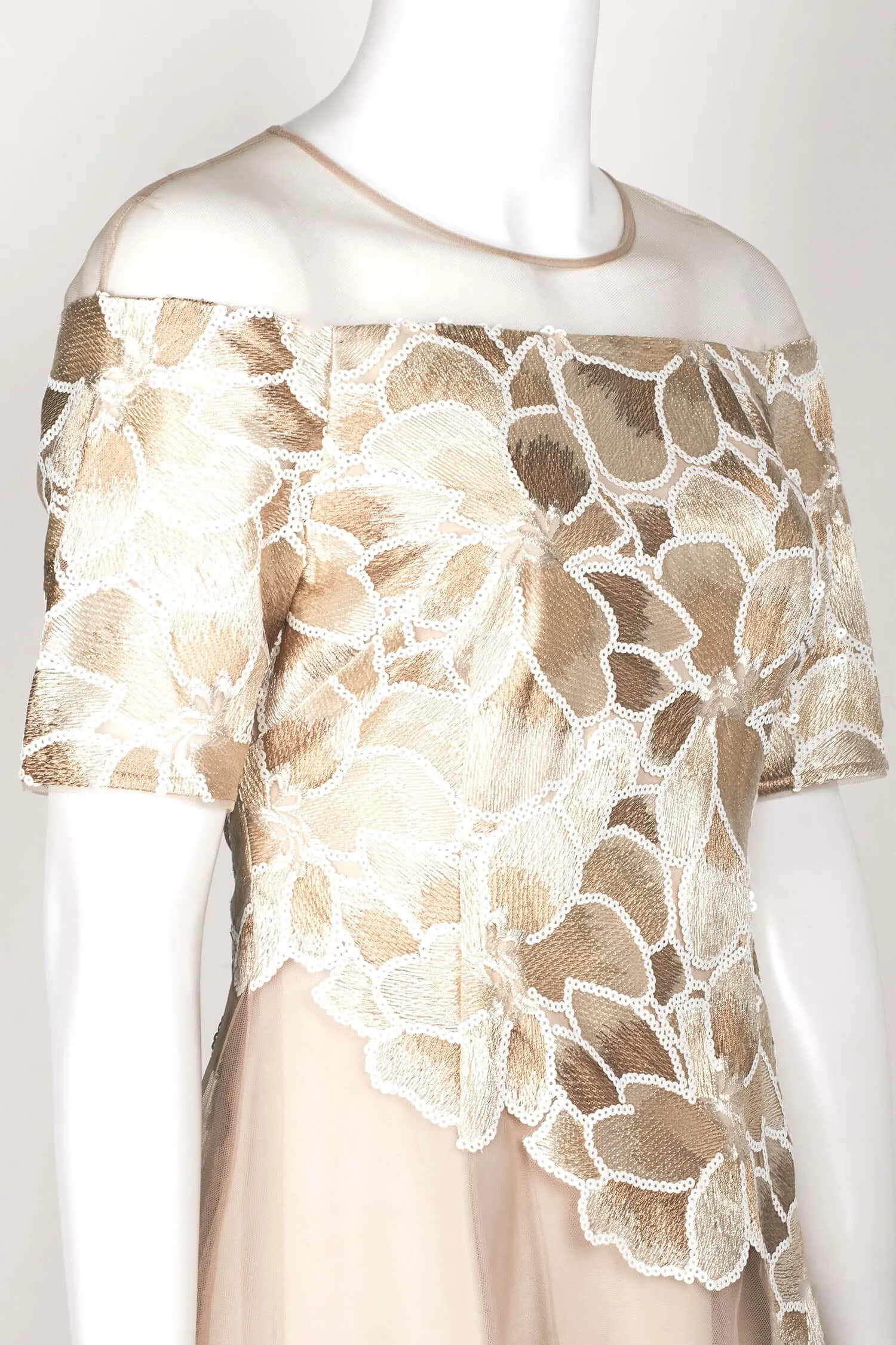 Adrianna Papell Crew Neck Illusion Short Sleeve Embroidered Sequined Zipper Back A-Line High Low Hem Mesh Dress