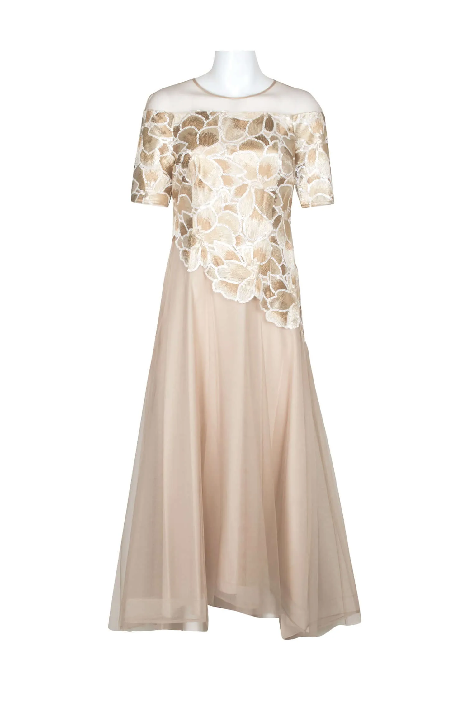 Adrianna Papell Crew Neck Illusion Short Sleeve Embroidered Sequined Zipper Back A-Line High Low Hem Mesh Dress