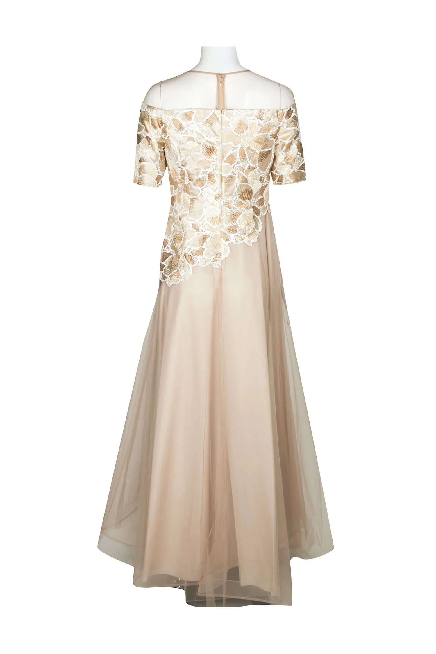 Adrianna Papell Crew Neck Illusion Short Sleeve Embroidered Sequined Zipper Back A-Line High Low Hem Mesh Dress
