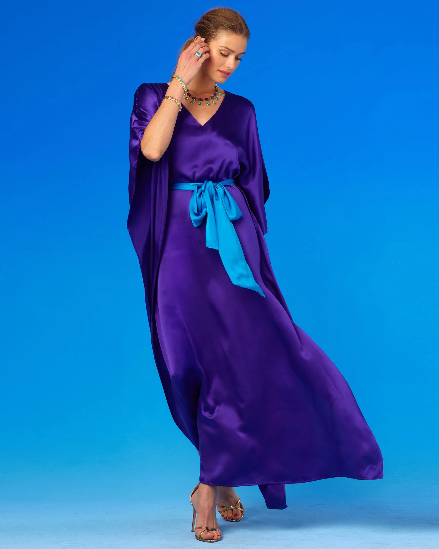 Alessandra Belted Silk Kaftan in Royal Purple