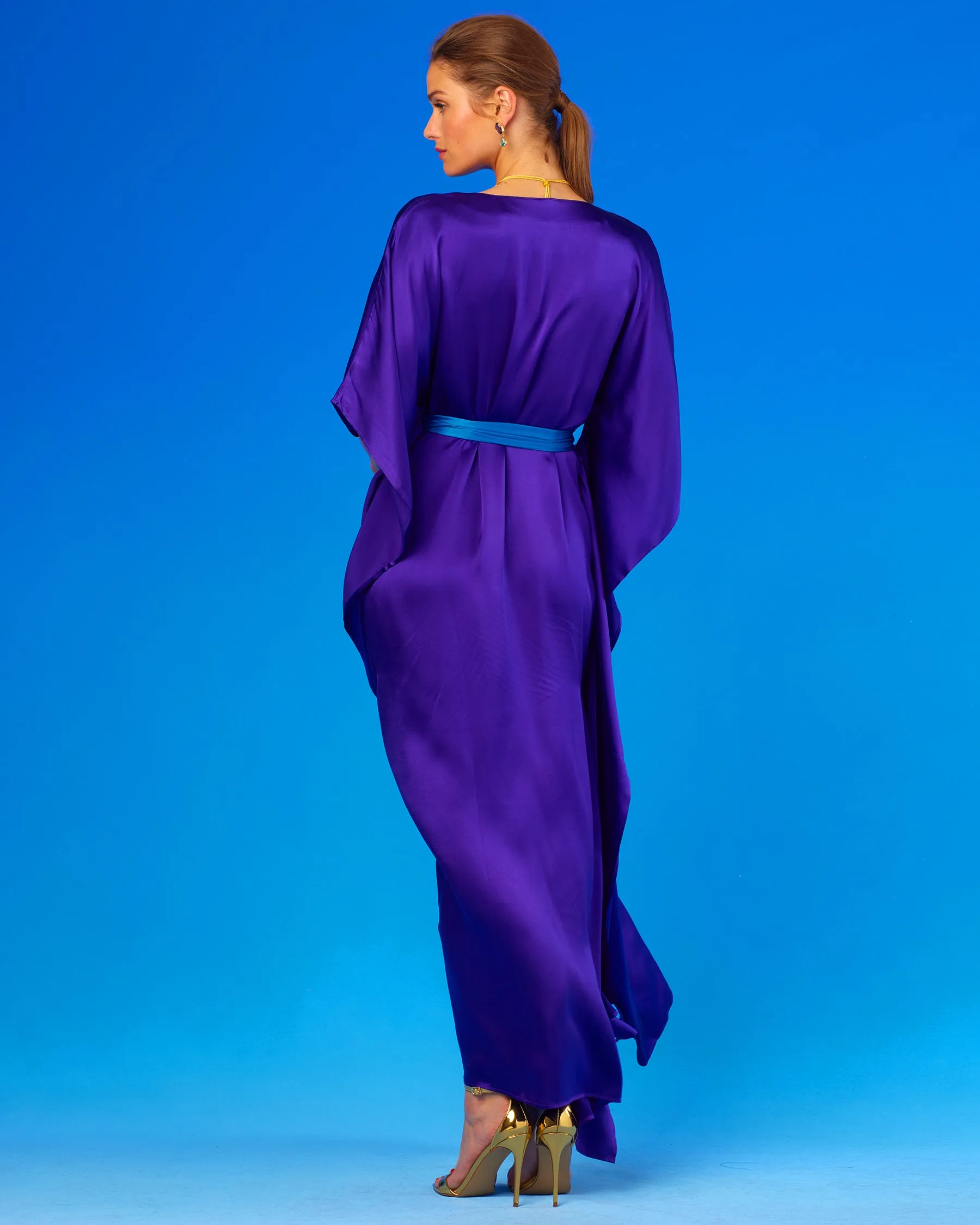 Alessandra Belted Silk Kaftan in Royal Purple