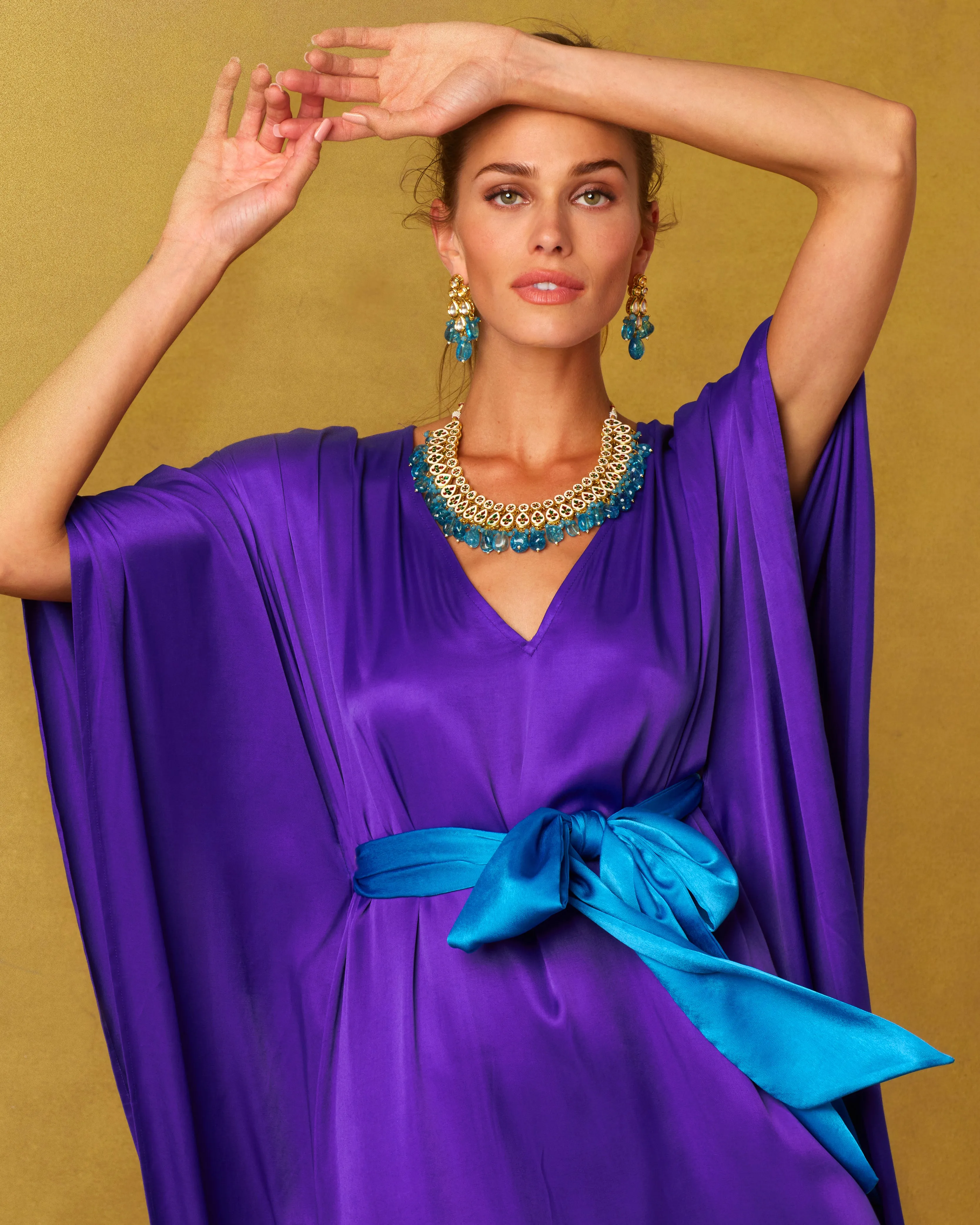 Alessandra Belted Silk Kaftan in Royal Purple