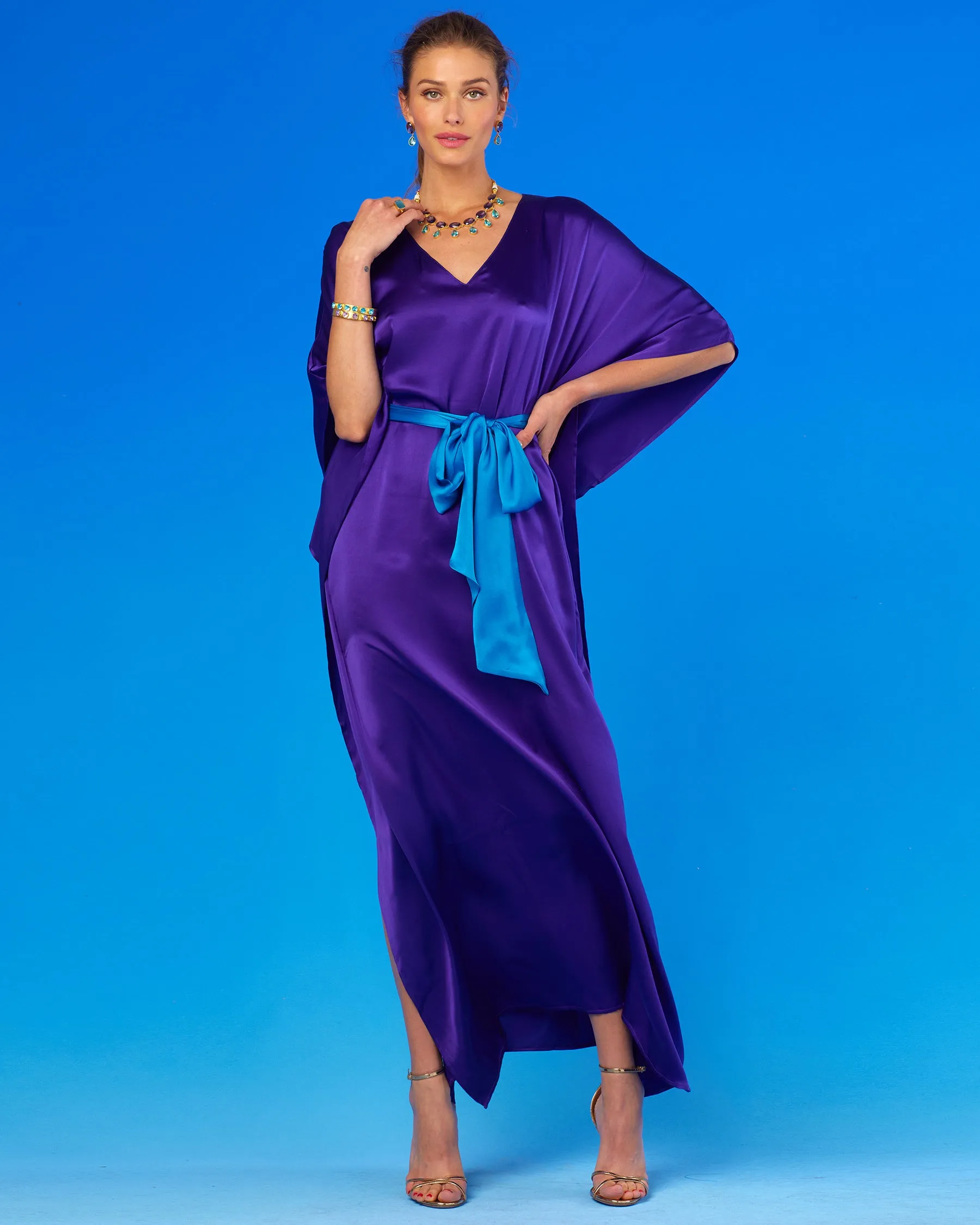 Alessandra Belted Silk Kaftan in Royal Purple