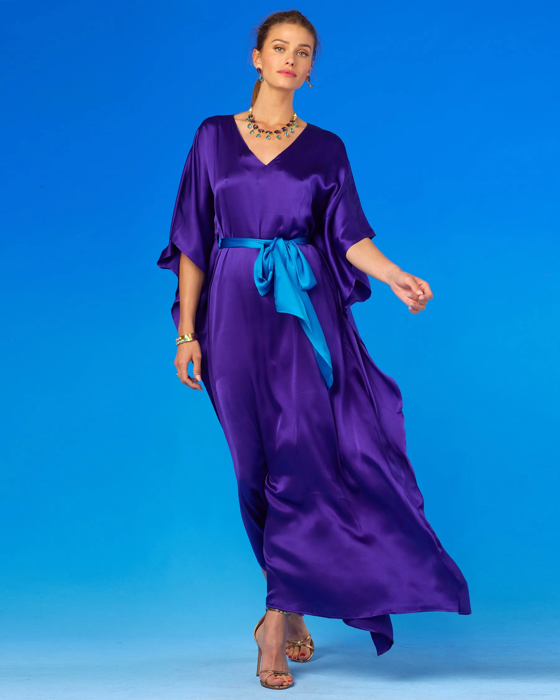 Alessandra Belted Silk Kaftan in Royal Purple