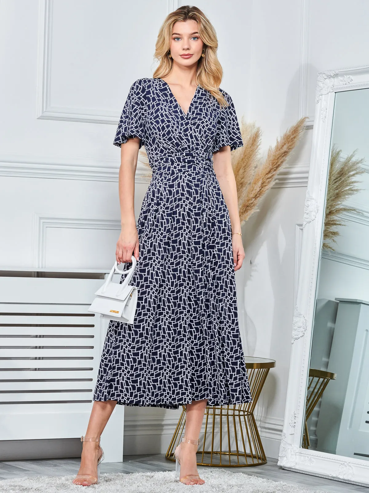 Angel Sleeve Jersey Maxi Dress, Navy Geo