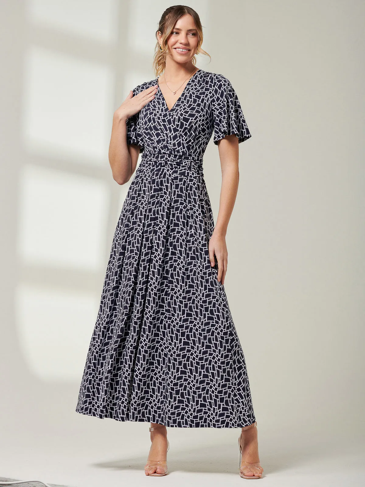 Angel Sleeve Jersey Maxi Dress, Navy Geo