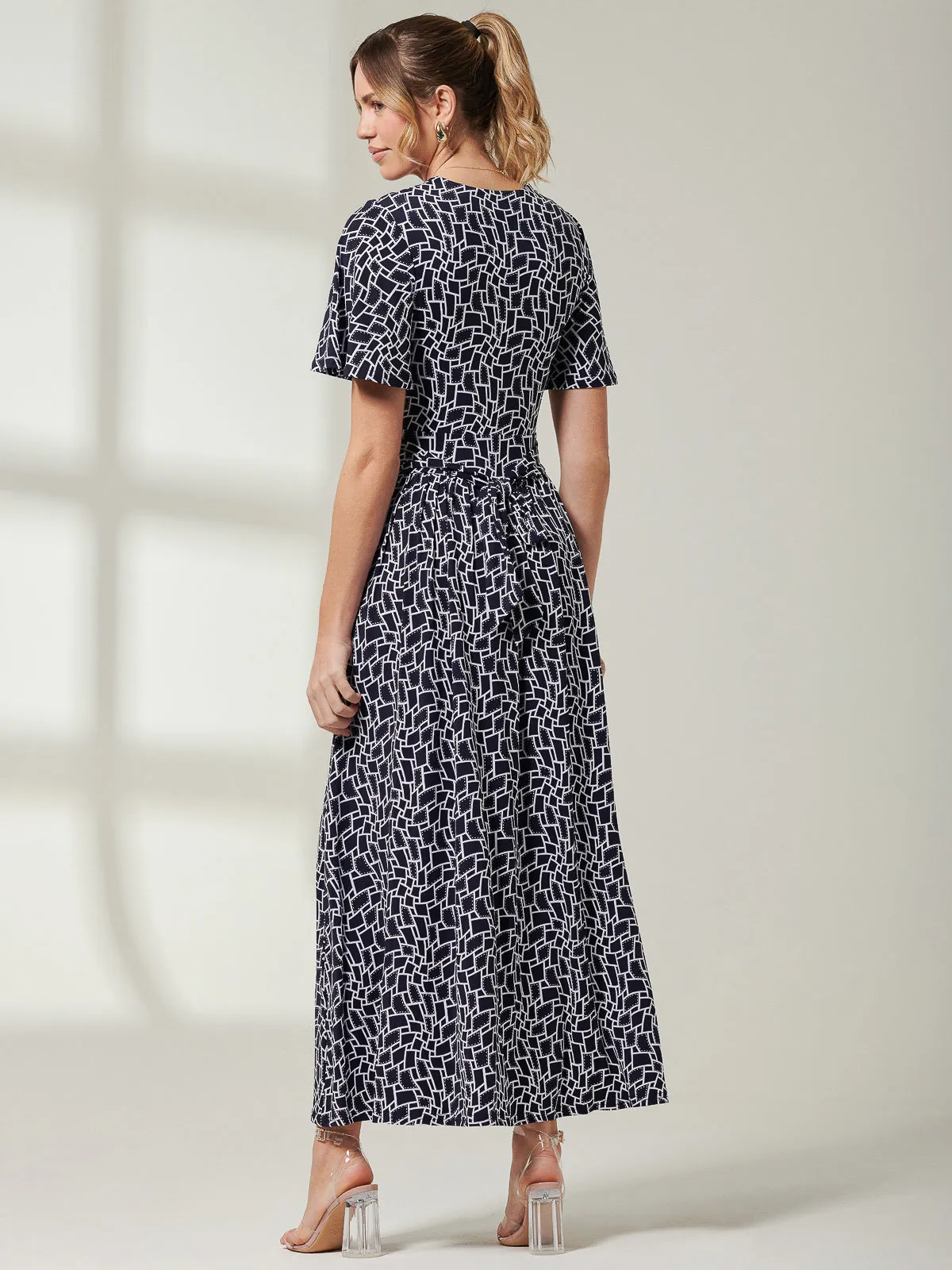 Angel Sleeve Jersey Maxi Dress, Navy Geo