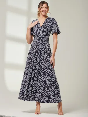 Angel Sleeve Jersey Maxi Dress, Navy Geo