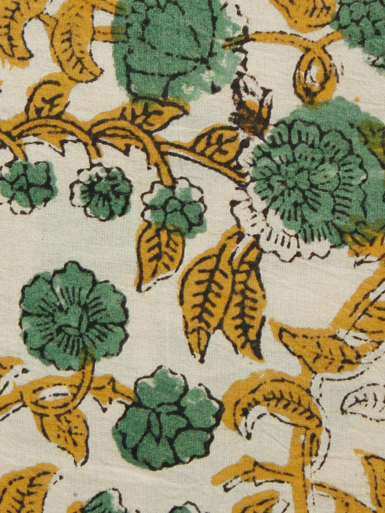 Beige Green Mustard Black Hand Block Printed Cotton Fabric Per Meter - F001F1369