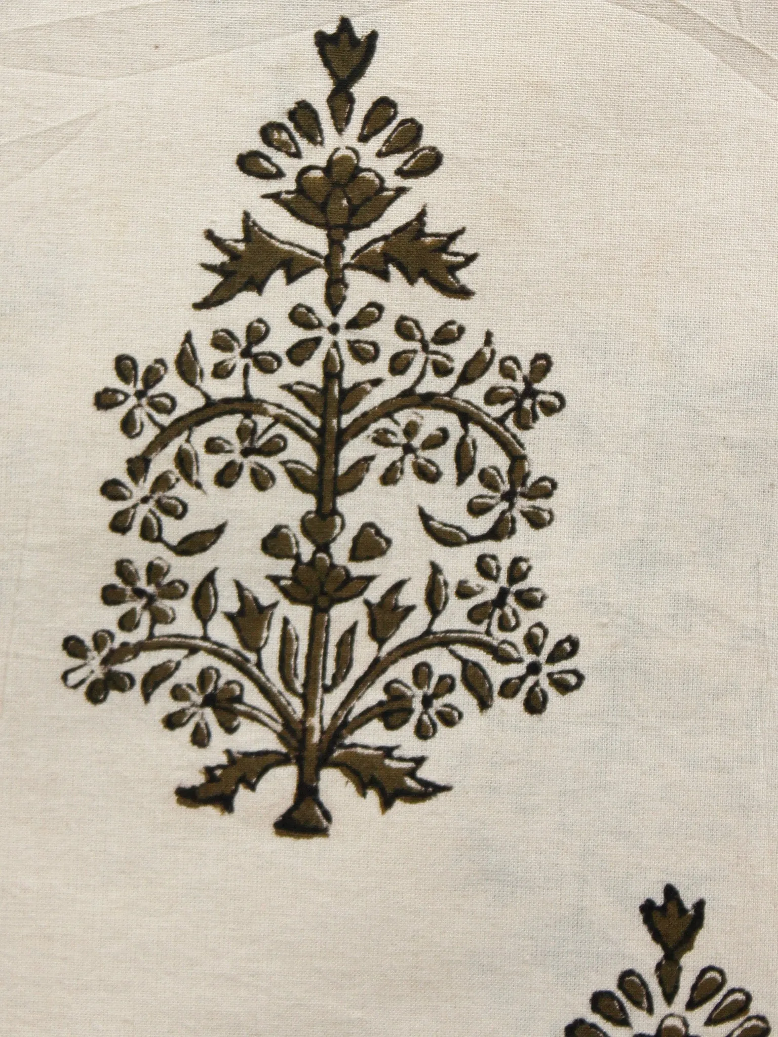 Beige Olive Green Black Hand Block Printed Cotton Fabric Per Meter - F001F1371