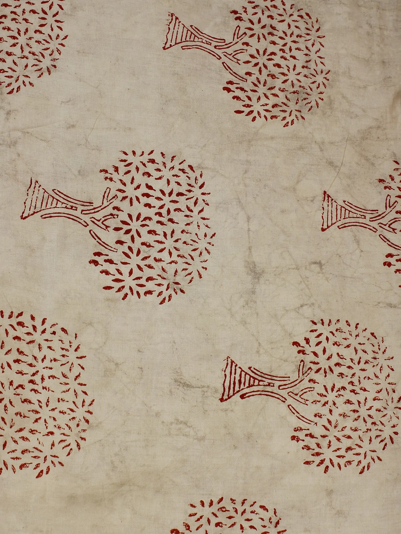 Beige Red Hand Block Printed Cotton  Cambric Fabric Per Meter - F0916388