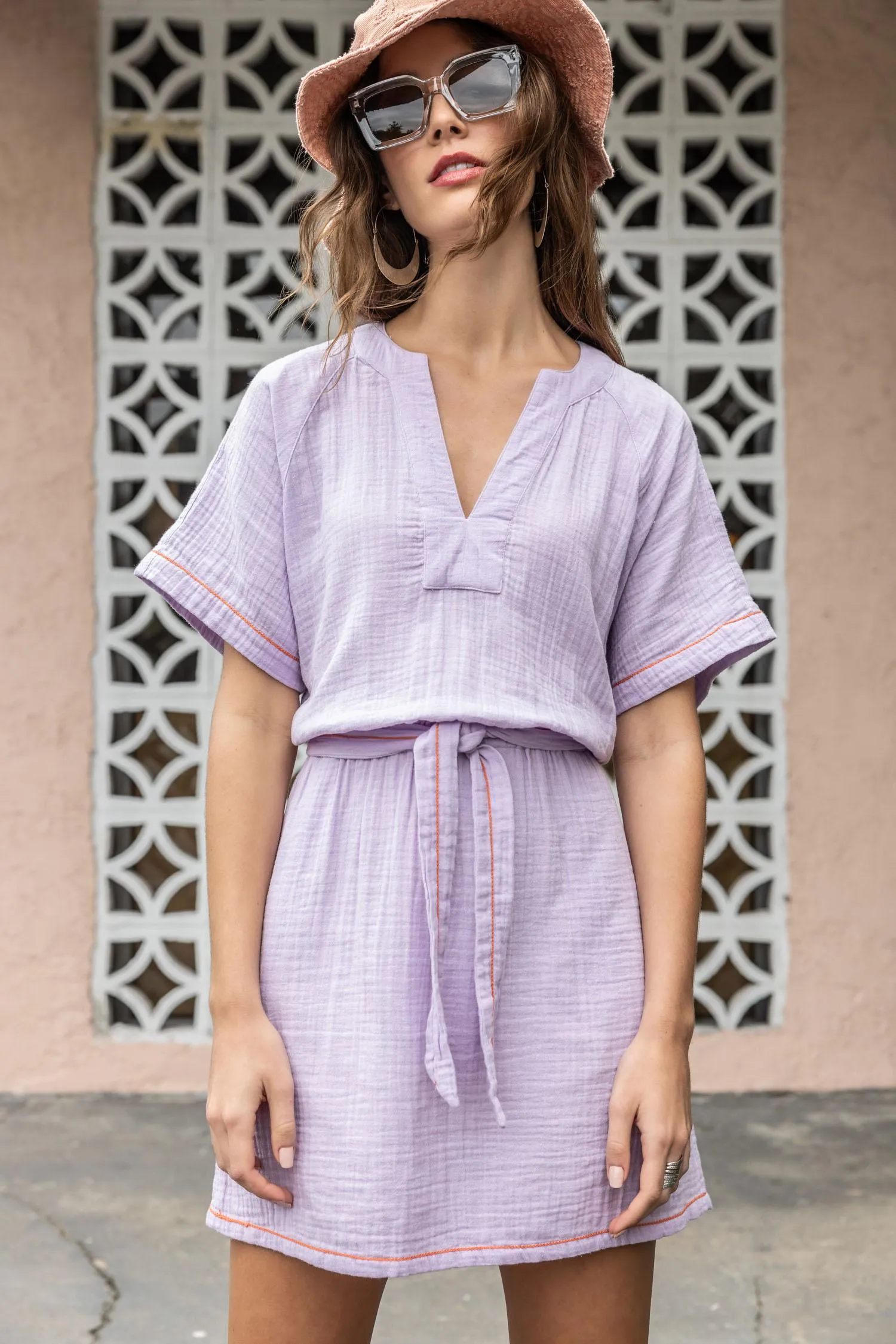 Belted Split Neck Dress