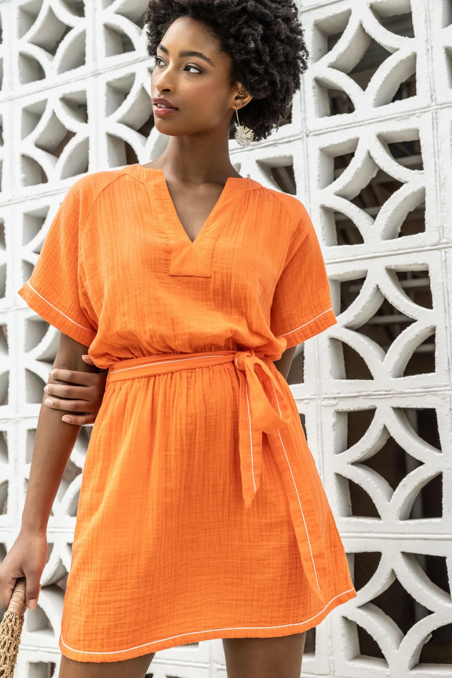 Belted Split Neck Dress