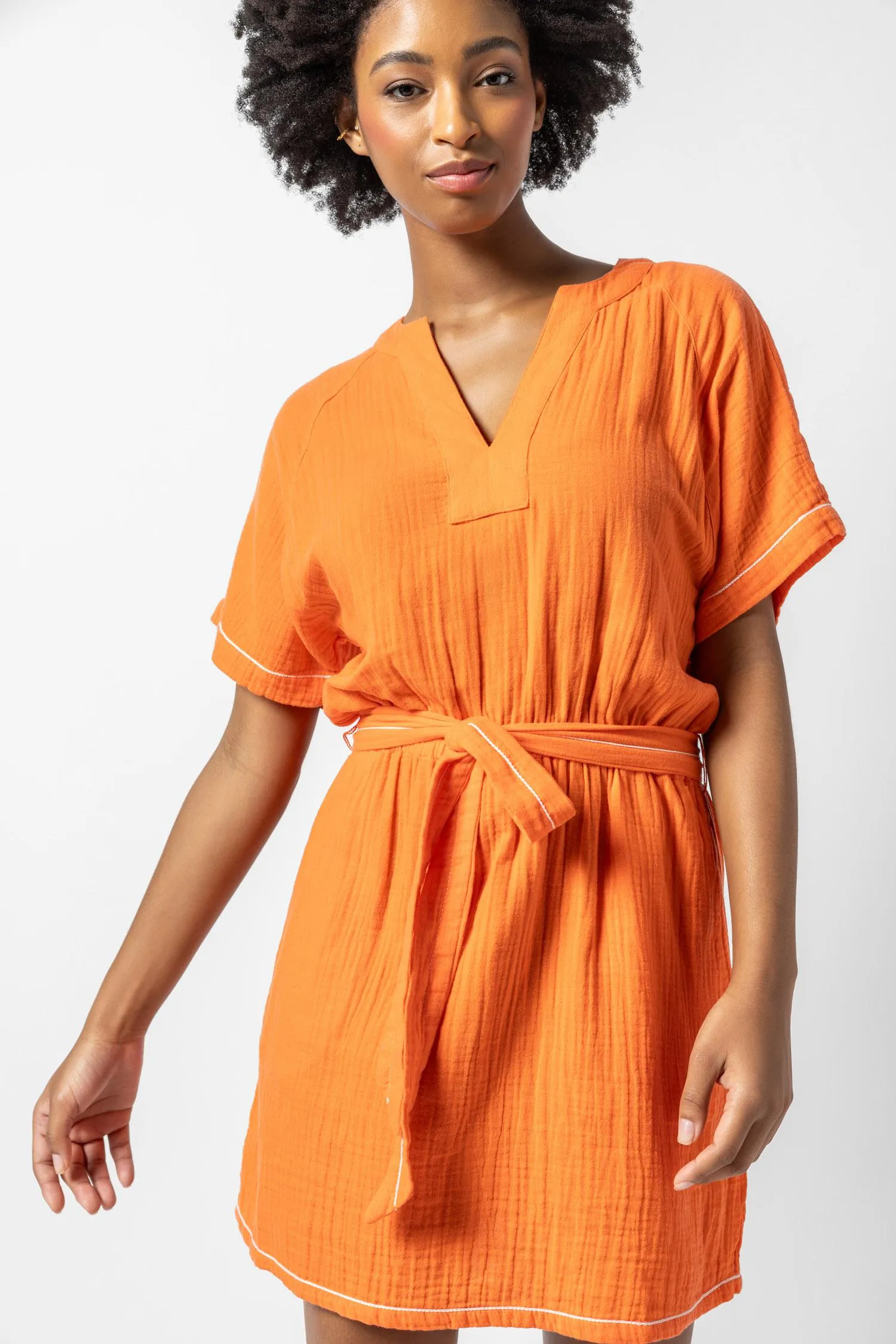 Belted Split Neck Dress