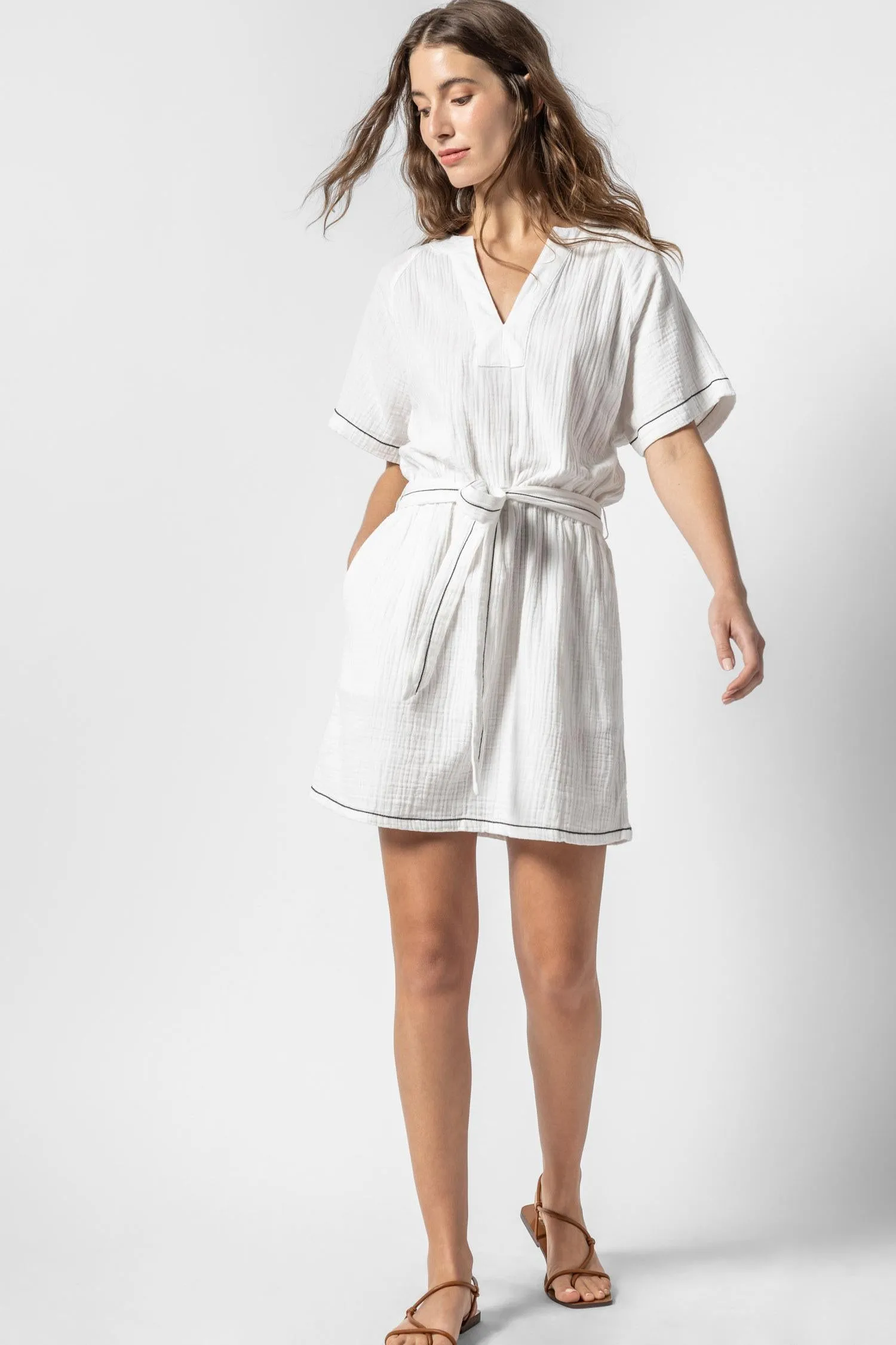 Belted Split Neck Dress
