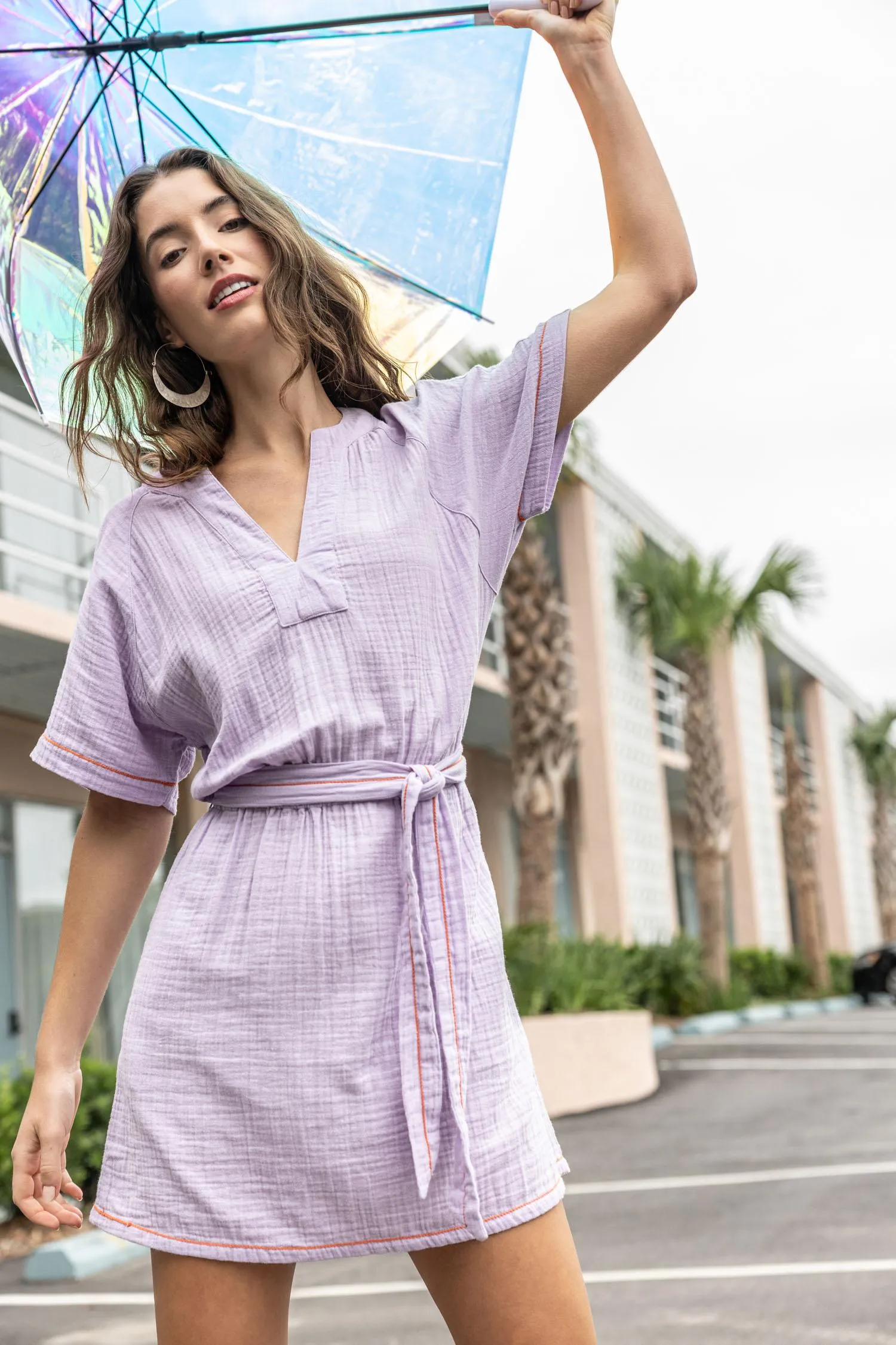 Belted Split Neck Dress