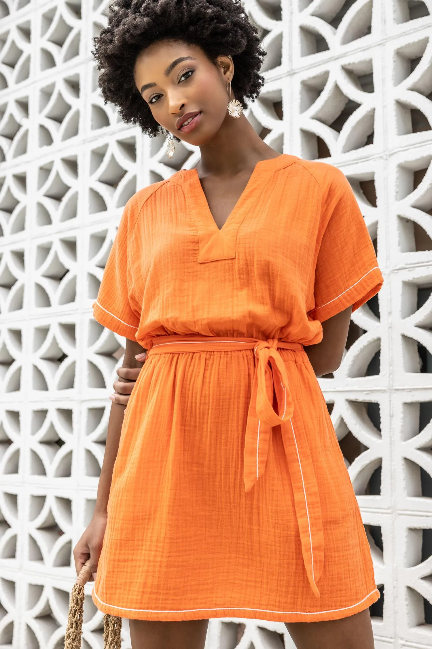Belted Split Neck Dress