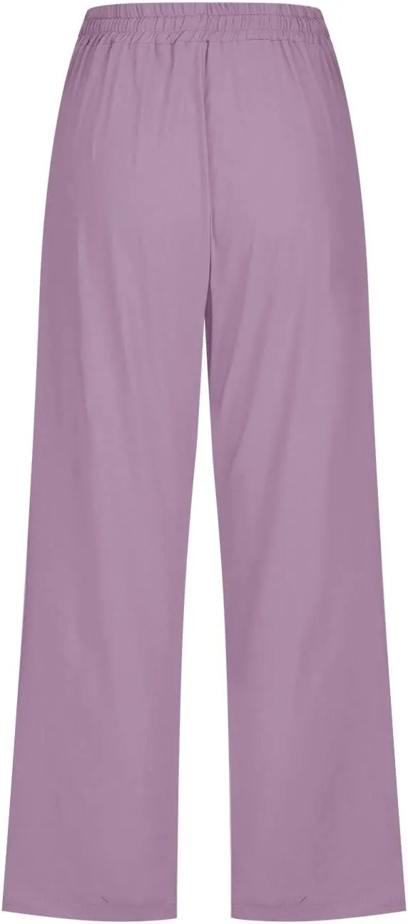 Capri Pants for Women Casual 2025 Summer Drawstring Elastic High Waist Linen Pant Straight Wide Leg Cropped Trouser