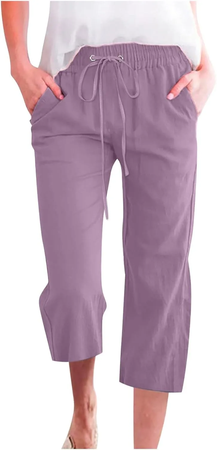 Capri Pants for Women Casual 2025 Summer Drawstring Elastic High Waist Linen Pant Straight Wide Leg Cropped Trouser