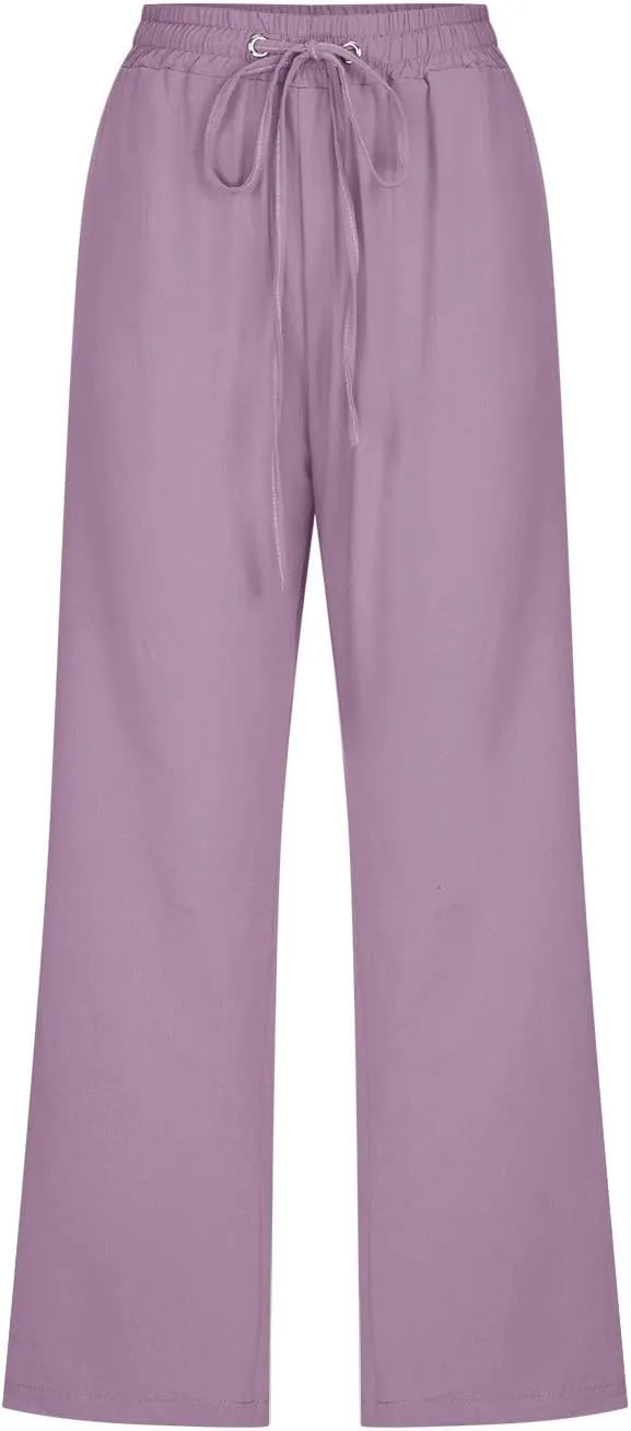 Capri Pants for Women Casual 2025 Summer Drawstring Elastic High Waist Linen Pant Straight Wide Leg Cropped Trouser