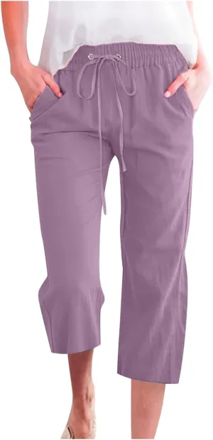 Capri Pants for Women Casual 2025 Summer Drawstring Elastic High Waist Linen Pant Straight Wide Leg Cropped Trouser
