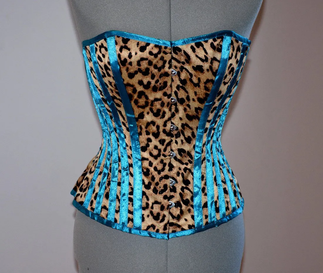 Cheetah and blue satin steel-boned animal print crazy authentic corset. Bespoke made to your measurements. Affordable cheap waist training