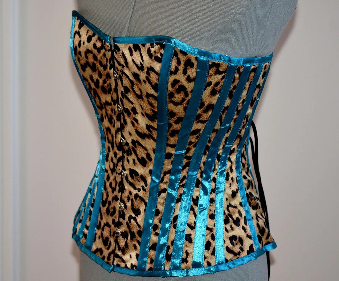 Cheetah and blue satin steel-boned animal print crazy authentic corset. Bespoke made to your measurements. Affordable cheap waist training
