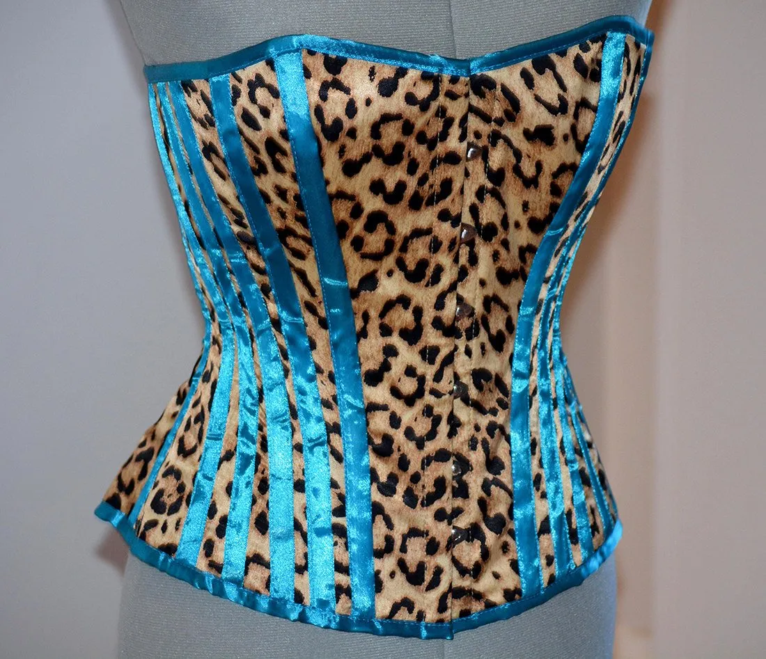 Cheetah and blue satin steel-boned animal print crazy authentic corset. Bespoke made to your measurements. Affordable cheap waist training